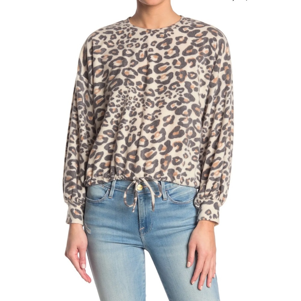 Know One Cares Brushed Knit Leopard Print Drawstring Hem Sweater Ivory, Size L